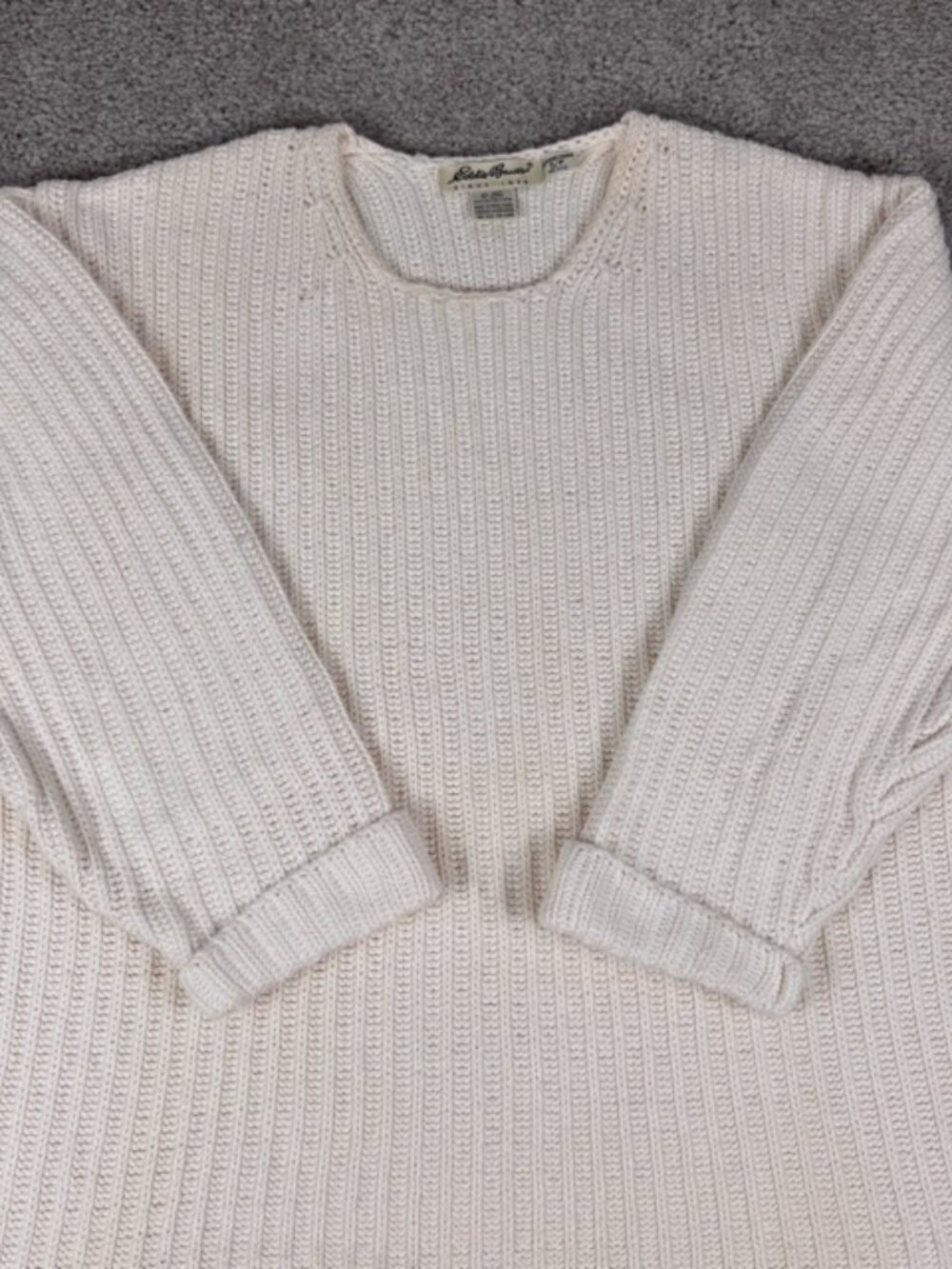 Vintage Eddie Bauer Ribbed Knit Sweater White Womens S Petite Fisherman Cotton